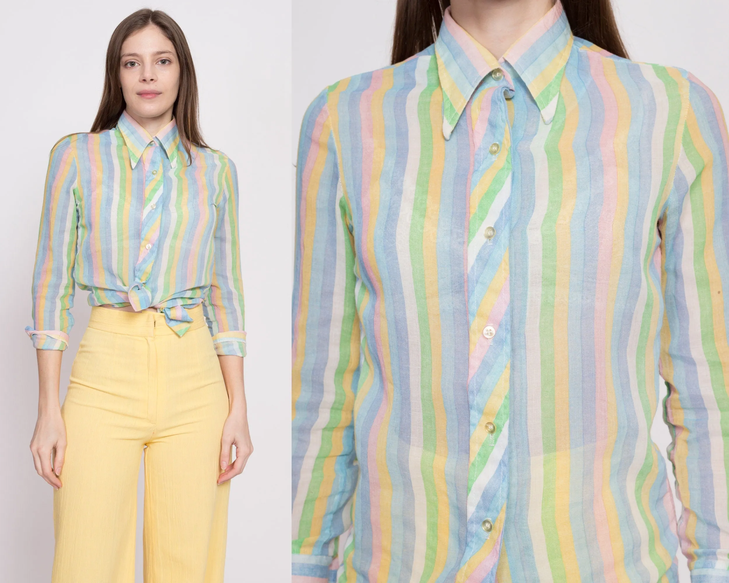 70s Sheer Pastel Striped Blouse - Petite XS