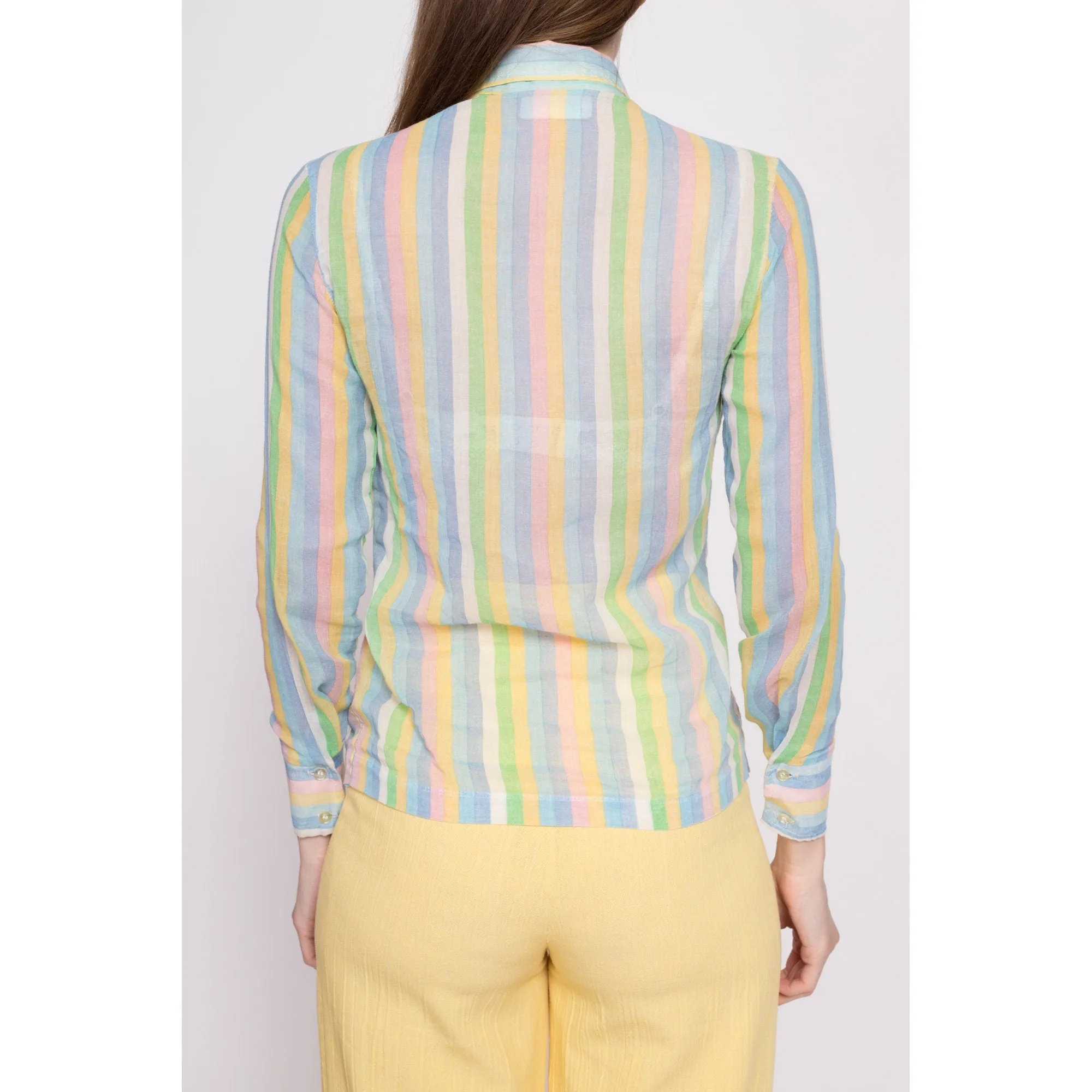 70s Sheer Pastel Striped Blouse - Petite XS