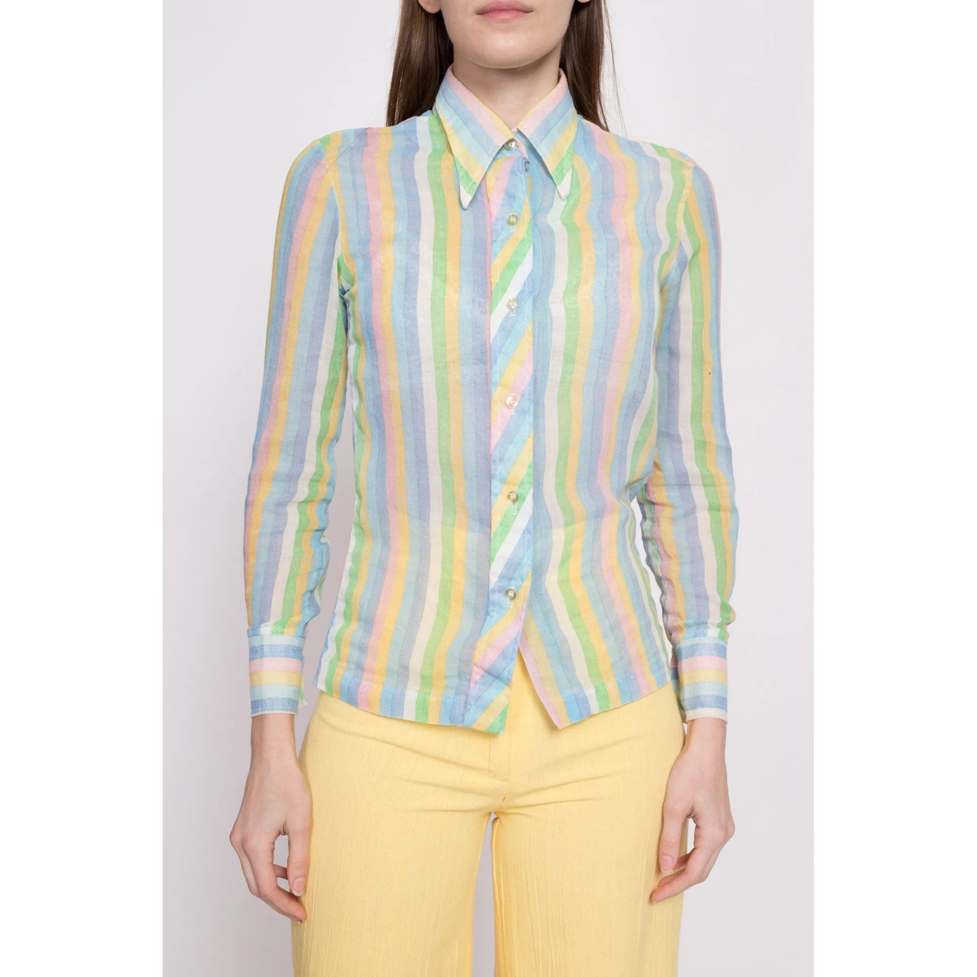 70s Sheer Pastel Striped Blouse - Petite XS