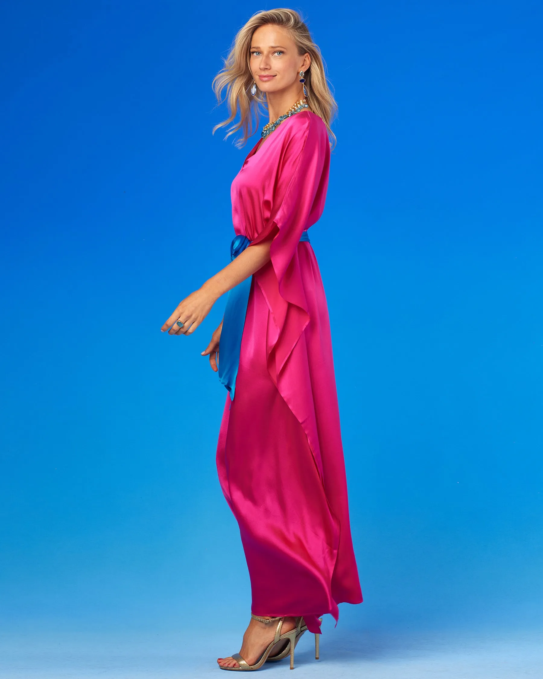 Amara Belted Silk Kaftan in Fuchsia Pink