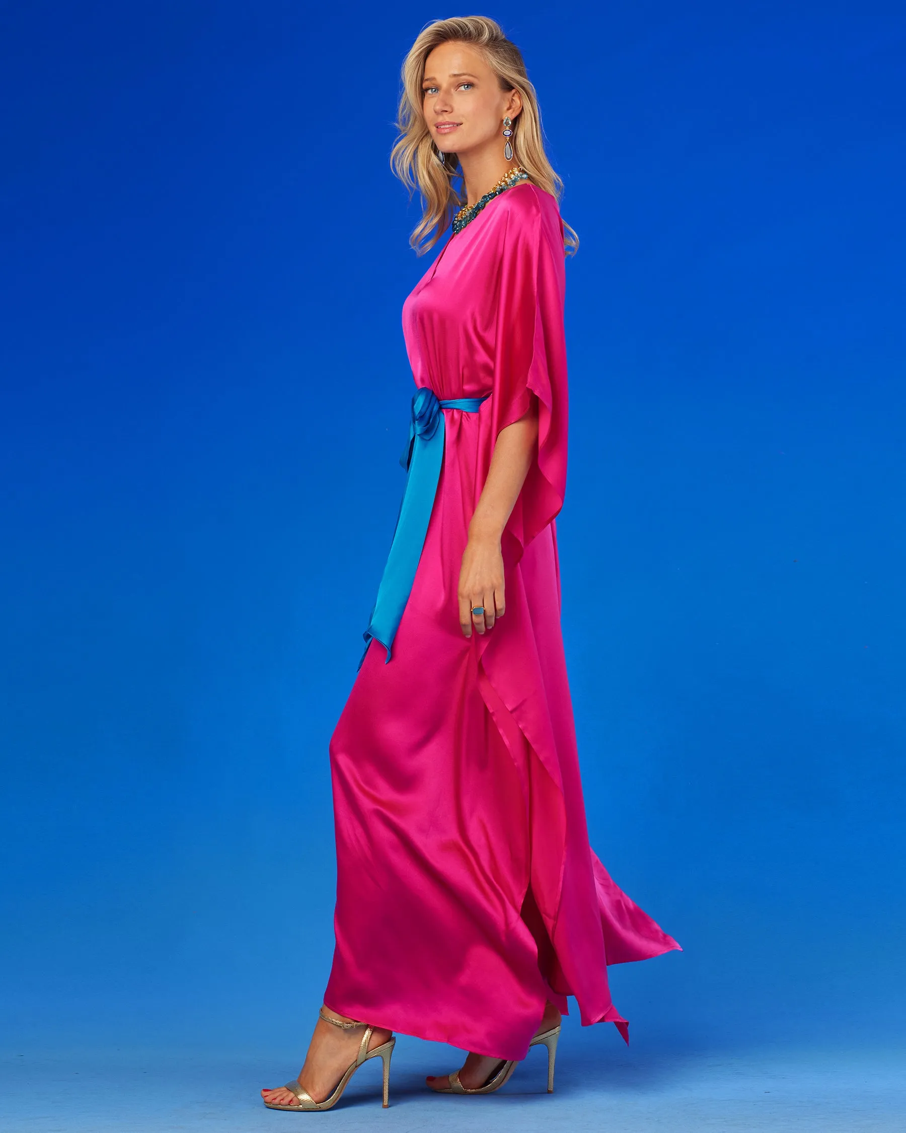 Amara Belted Silk Kaftan in Fuchsia Pink