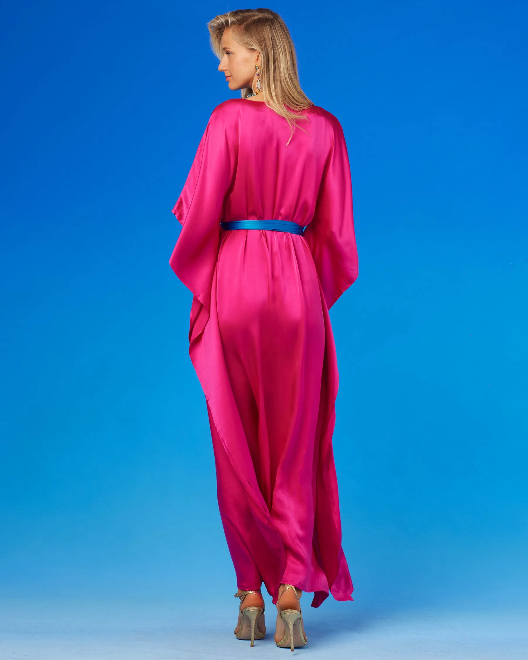 Amara Belted Silk Kaftan in Fuchsia Pink