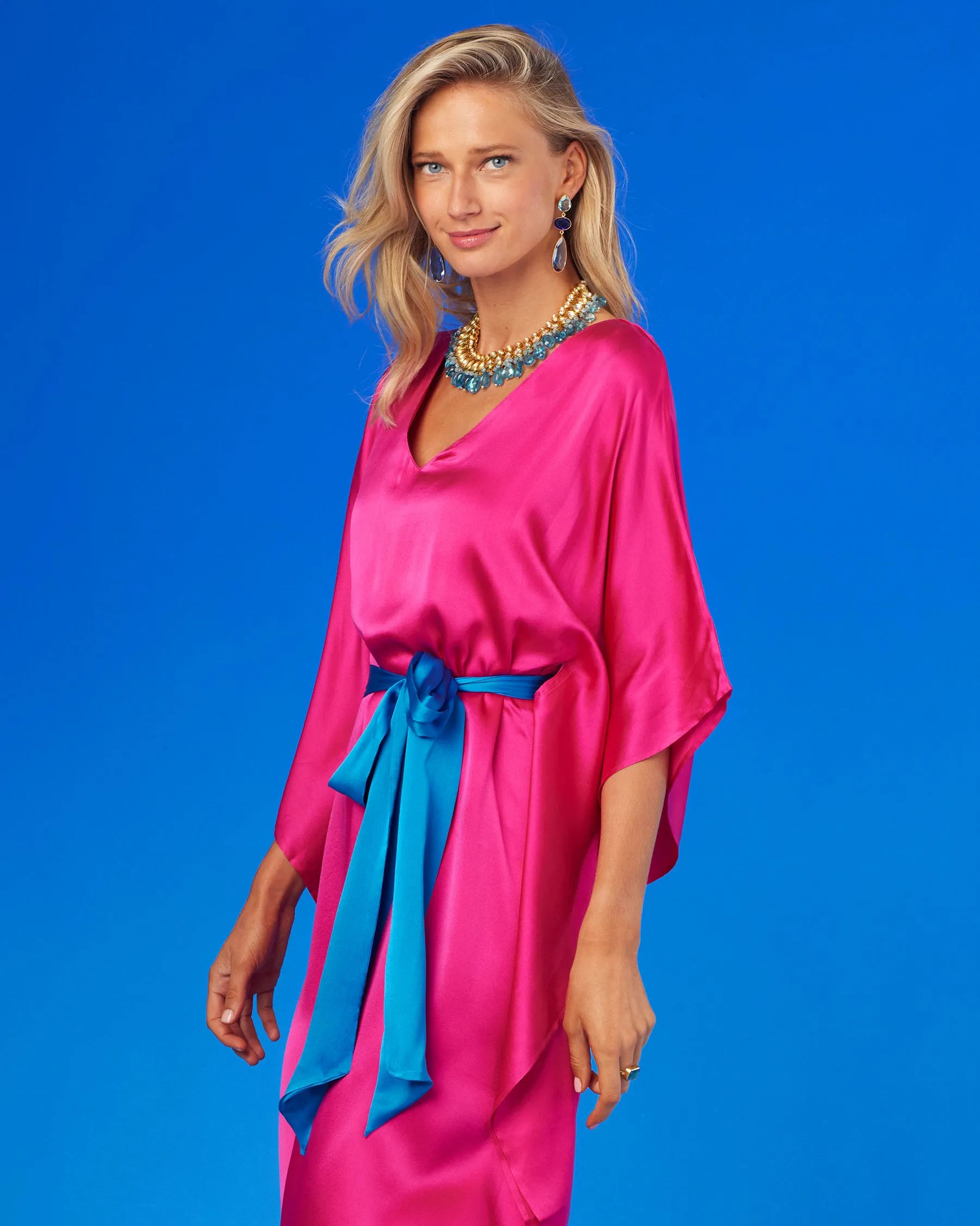 Amara Belted Silk Kaftan in Fuchsia Pink