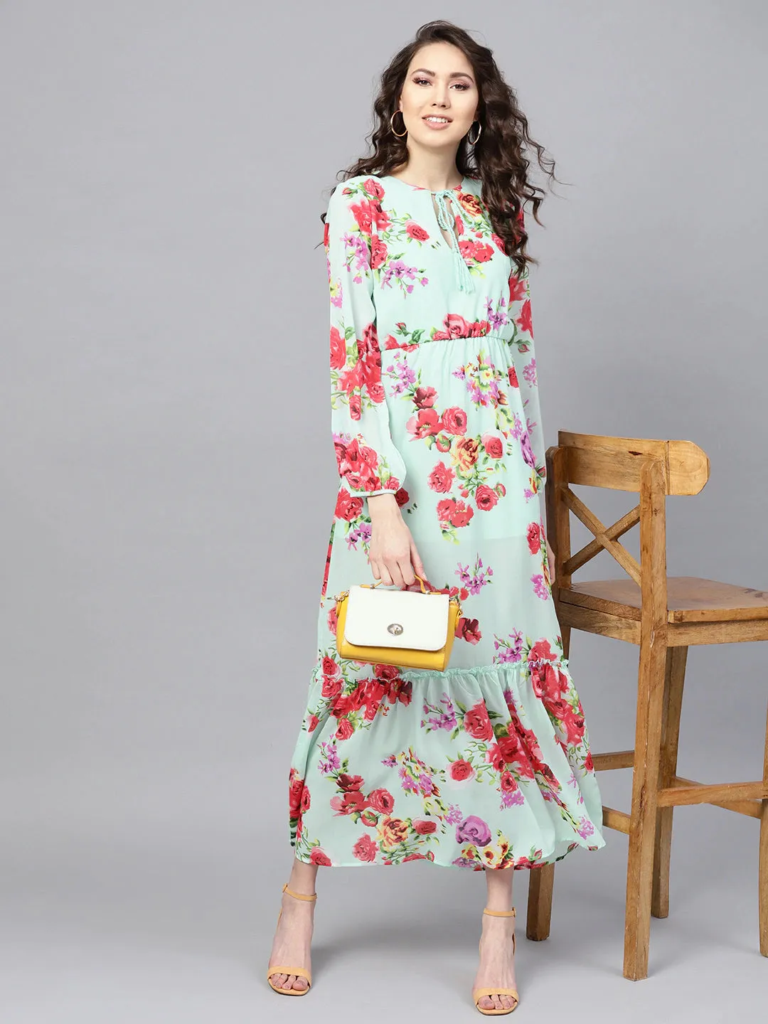 Aqua Floral Tie-Up Maxi Dress