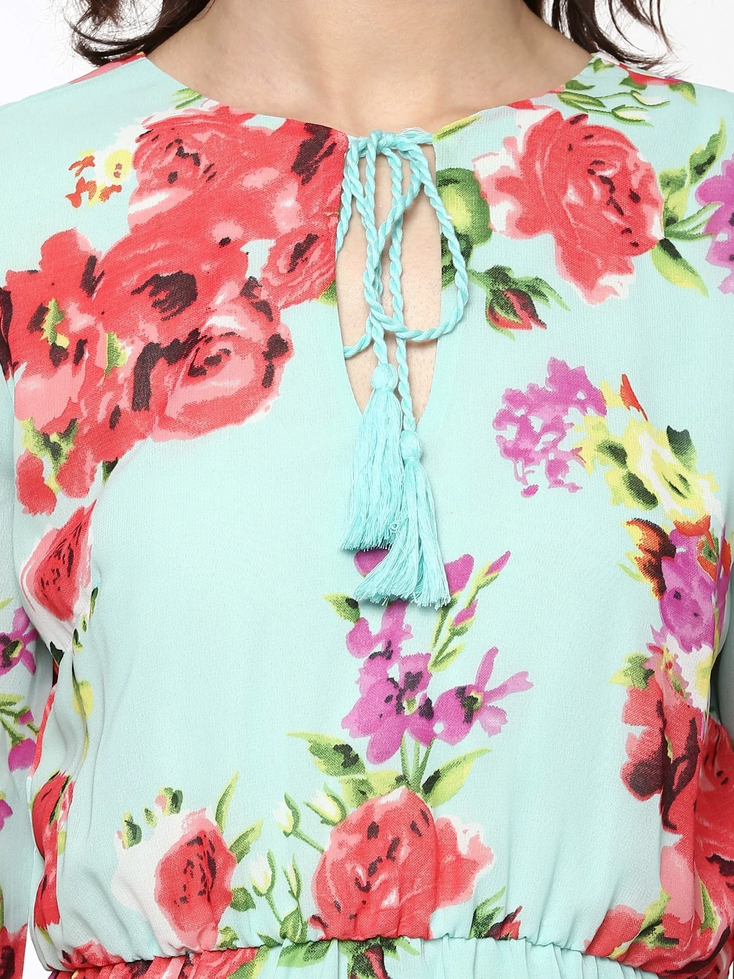 Aqua Floral Tie-Up Maxi Dress