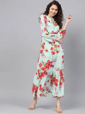 Aqua Floral Tie-Up Maxi Dress