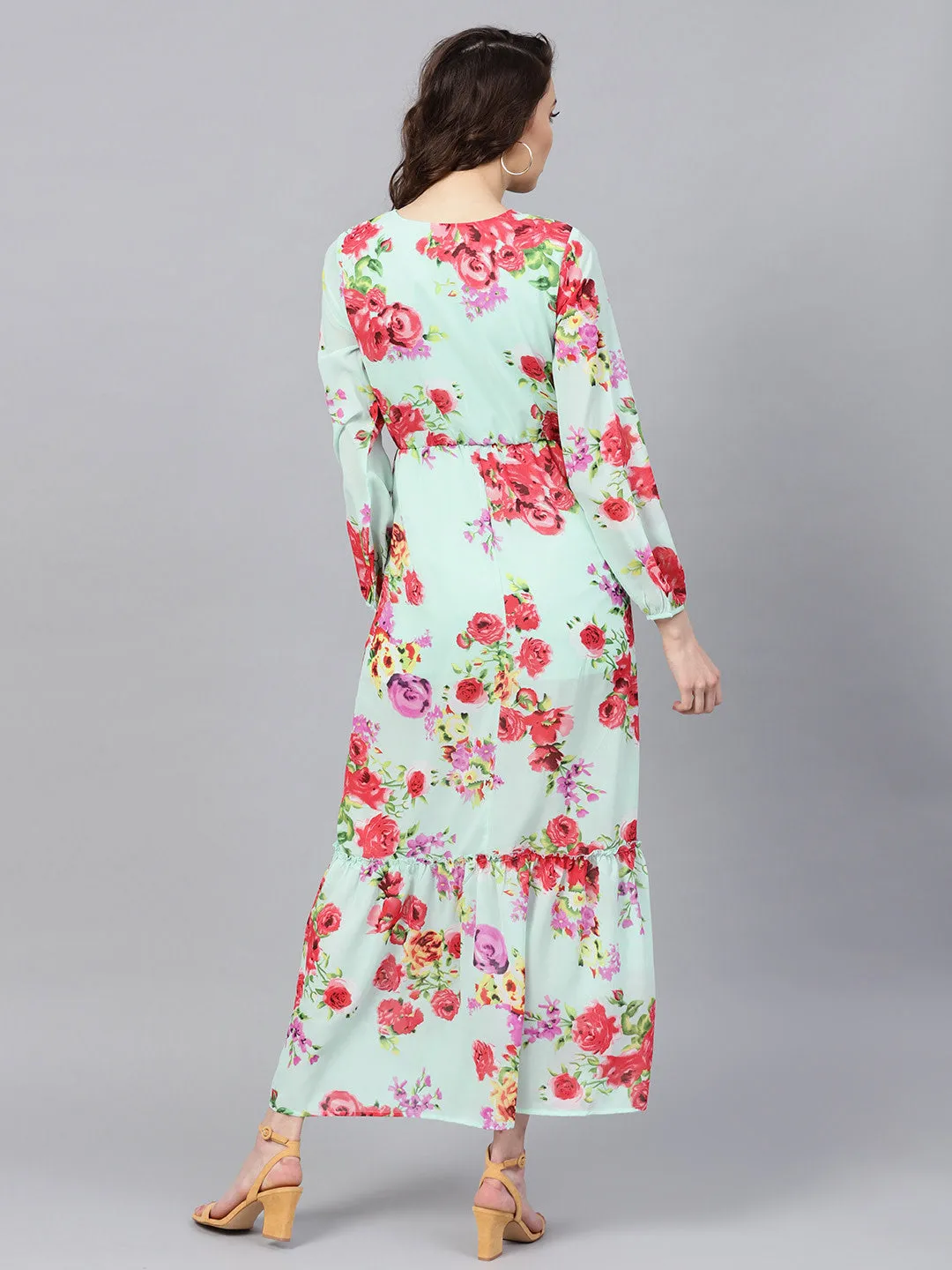 Aqua Floral Tie-Up Maxi Dress