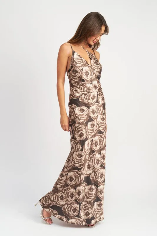 Asymmetrical Neck Floral-Print Maxi Dress