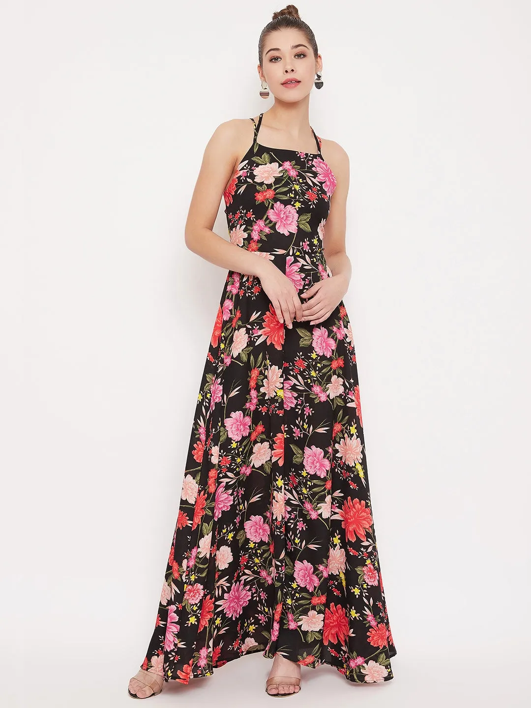 Berrylush Women Black Floral Printed Tie-Up Backless Maxi Dress