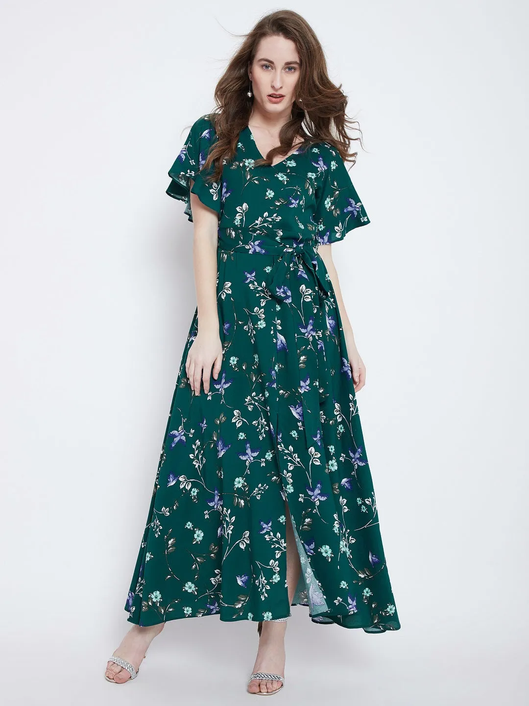 Berrylush Women Green Floral Printed V-Neck Waist Tie-Up Thigh-High Slit Maxi Dress