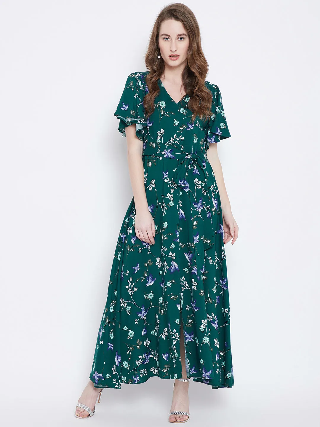 Berrylush Women Green Floral Printed V-Neck Waist Tie-Up Thigh-High Slit Maxi Dress