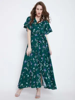 Berrylush Women Green Floral Printed V-Neck Waist Tie-Up Thigh-High Slit Maxi Dress