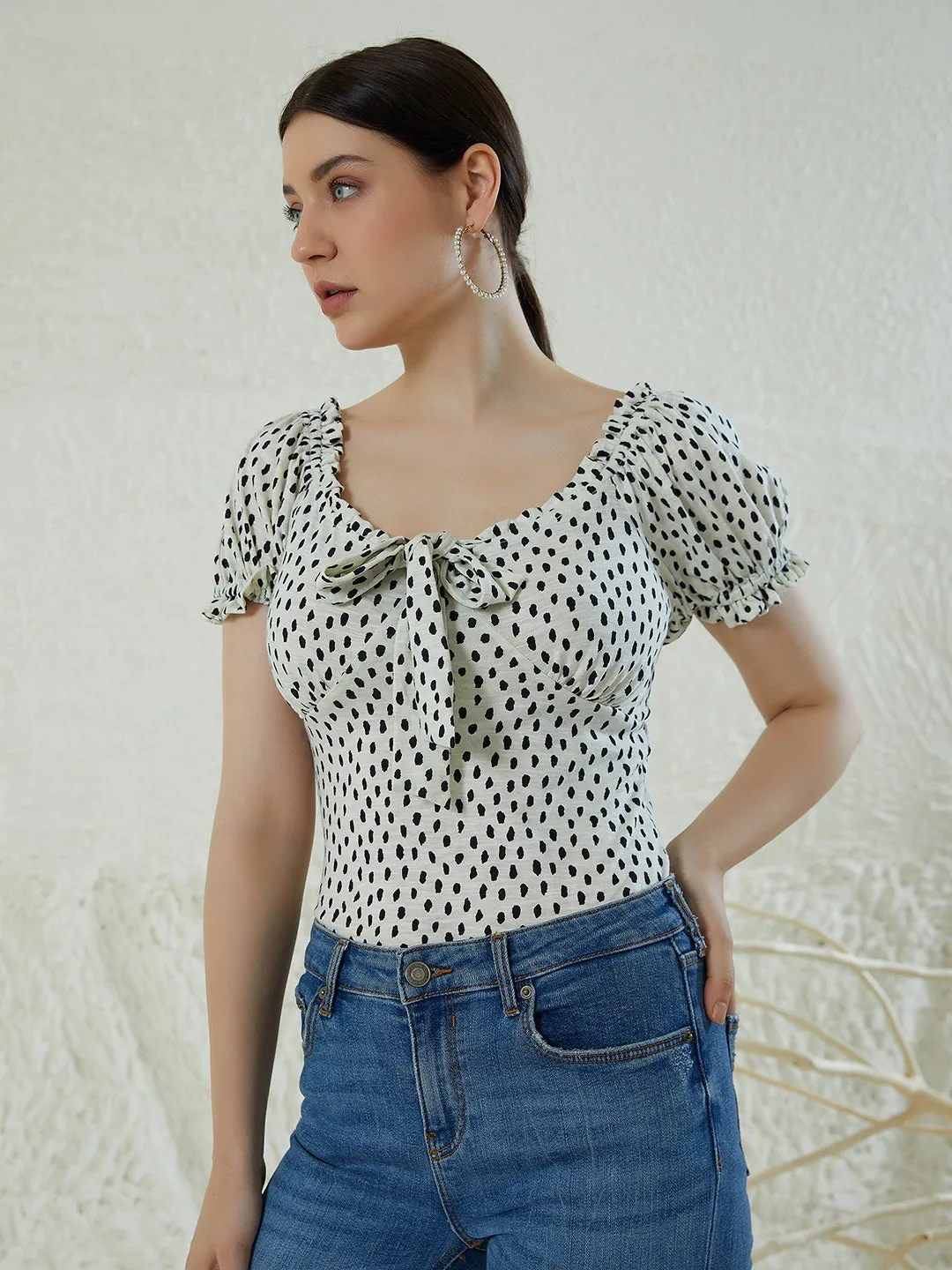 Berrylush Women White & Black Polka Dot Printed Halter Neck Cold-Shoulder Ruffled Regular Top