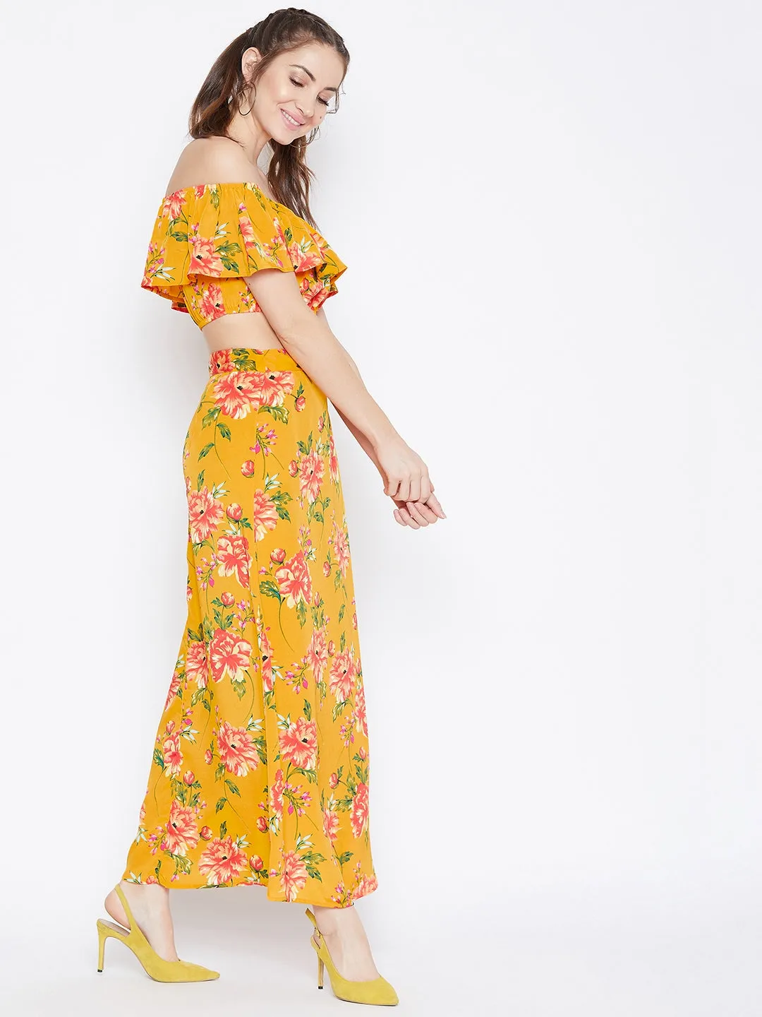 Berrylush Women Yellow Floral Printed Off-Shoulder Co-Ordinate Maxi Dress