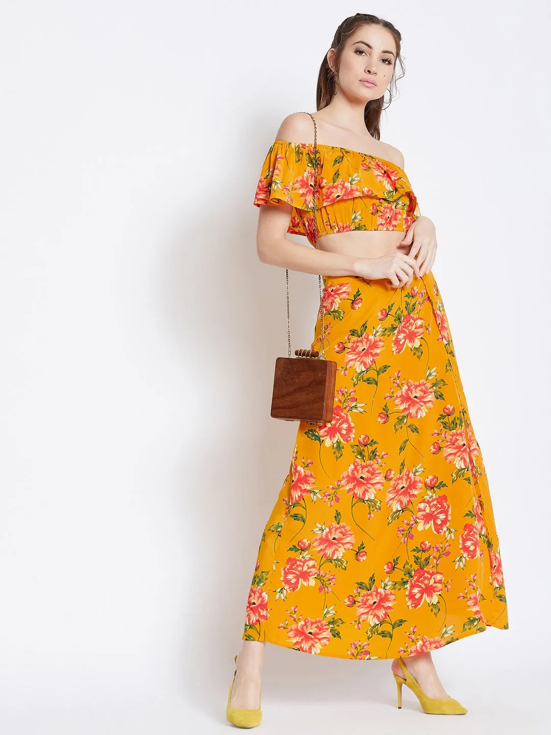 Berrylush Women Yellow Floral Printed Off-Shoulder Co-Ordinate Maxi Dress