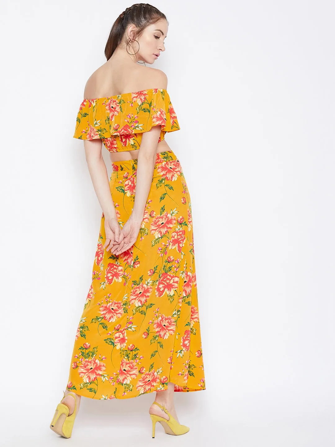 Berrylush Women Yellow Floral Printed Off-Shoulder Co-Ordinate Maxi Dress