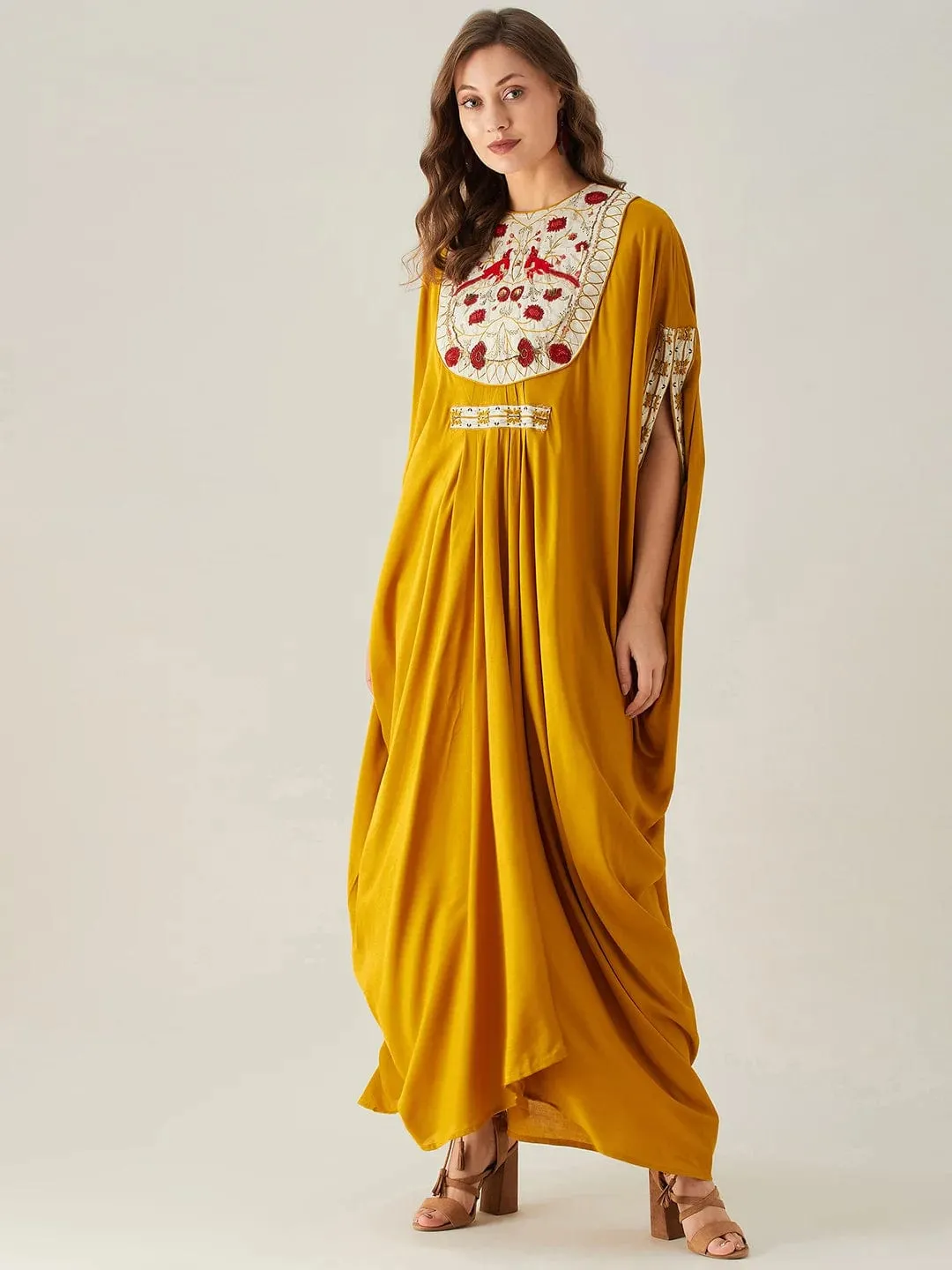 Birds in Paradise Mustard Embellished Maxi Kaftan - Freesize