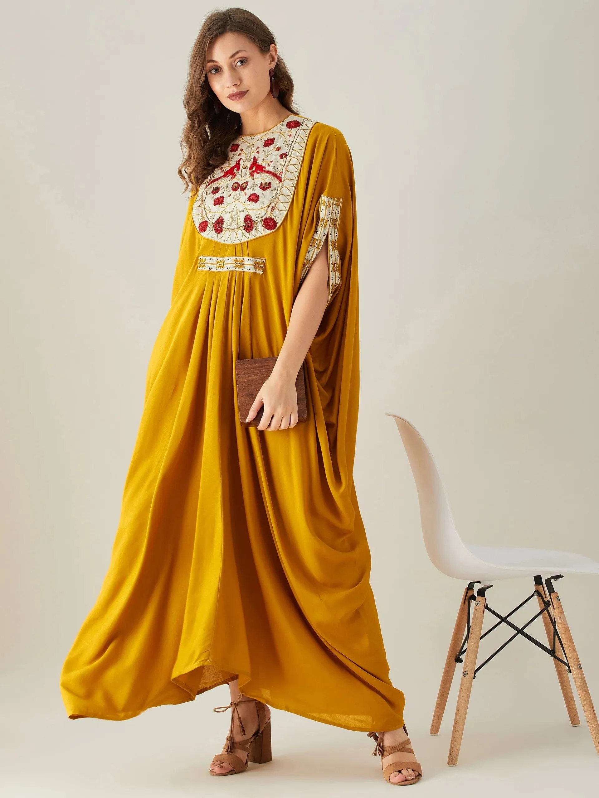 Birds in Paradise Mustard Embellished Maxi Kaftan - Freesize