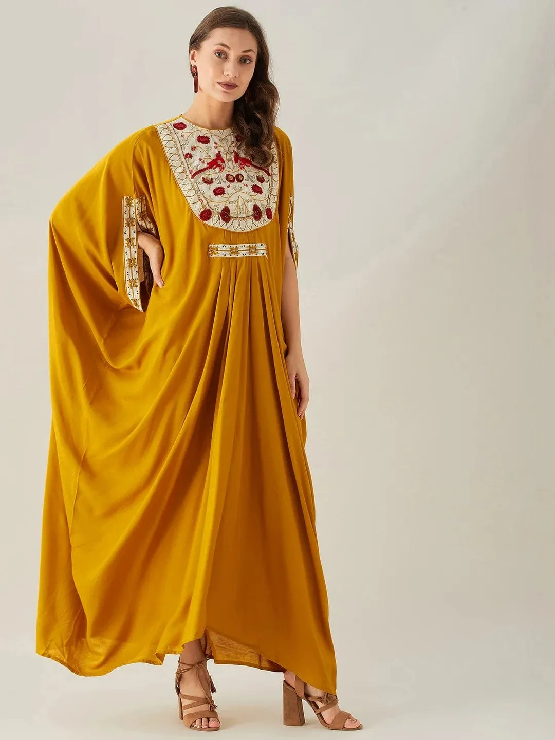 Birds in Paradise Mustard Embellished Maxi Kaftan - Freesize