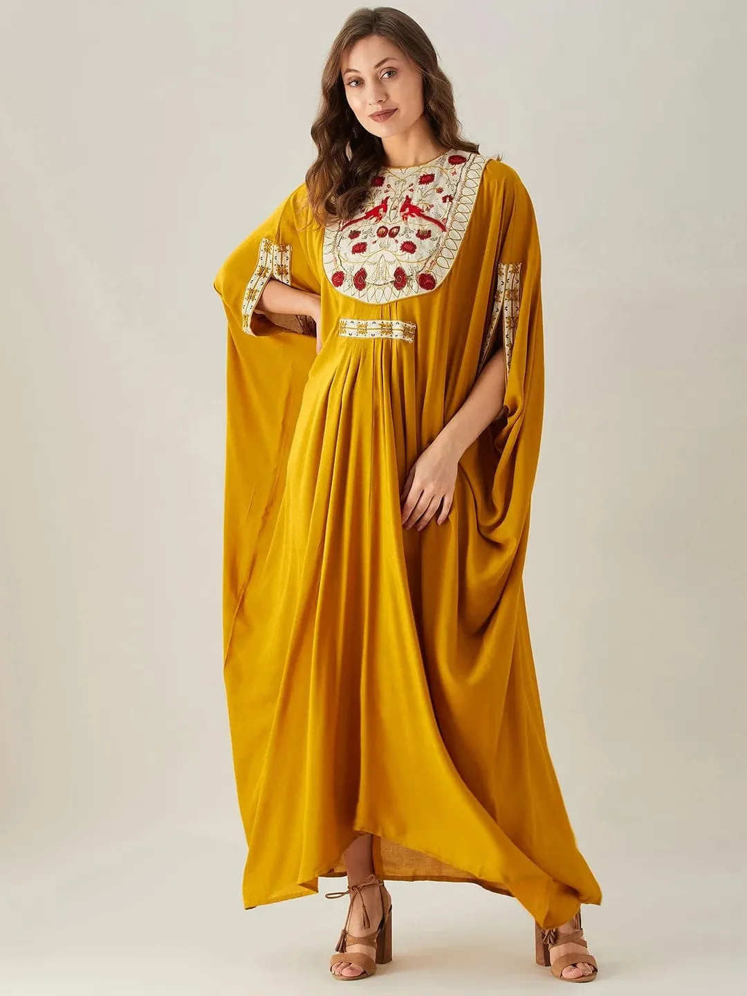 Birds in Paradise Mustard Embellished Maxi Kaftan - Freesize