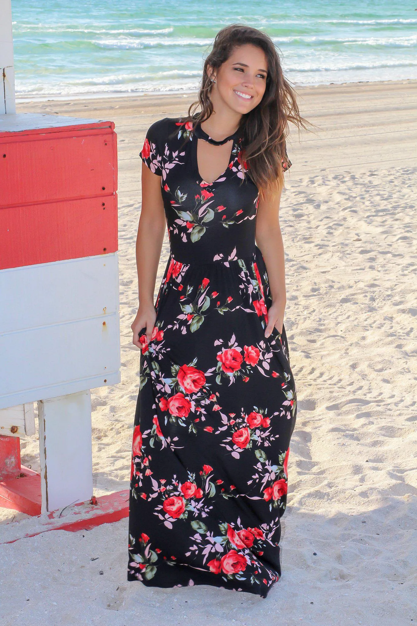 Black and Red Floral Mock Neck Maxi Dress