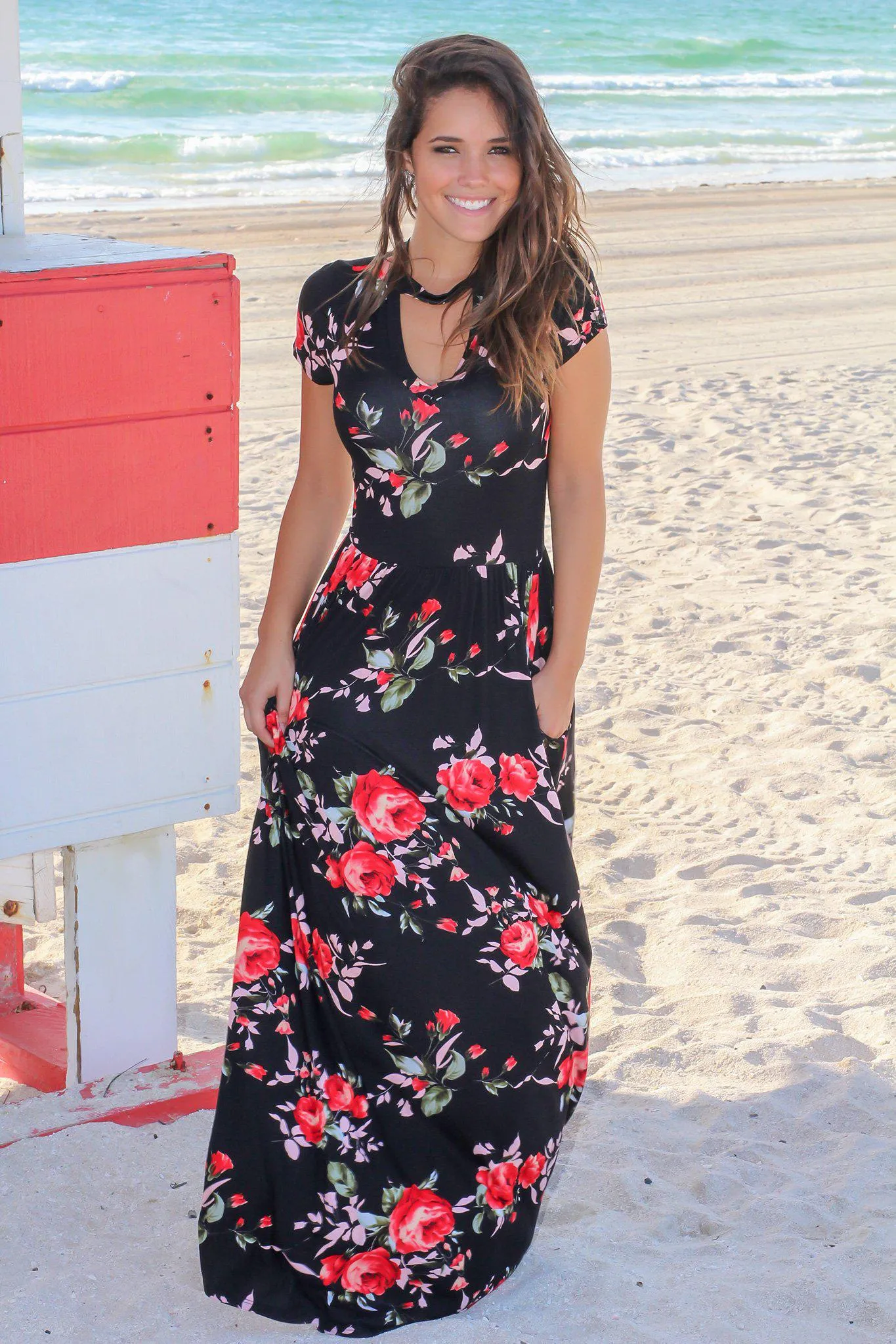 Black and Red Floral Mock Neck Maxi Dress