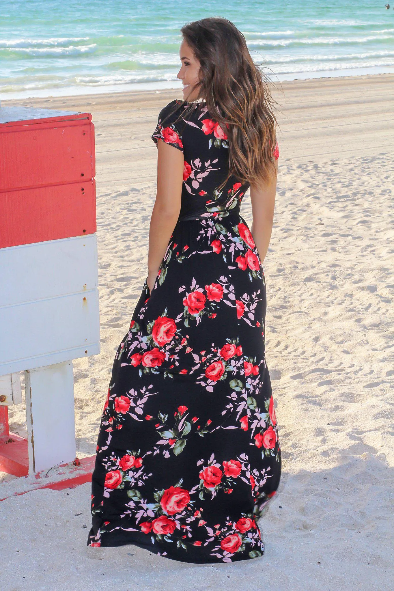 Black and Red Floral Mock Neck Maxi Dress