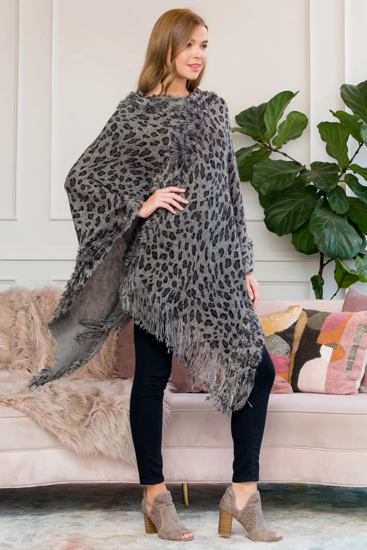 BLACK FRINGED LEOPARD PONCHO /6PCS (NOW $5.75 ONLY!)