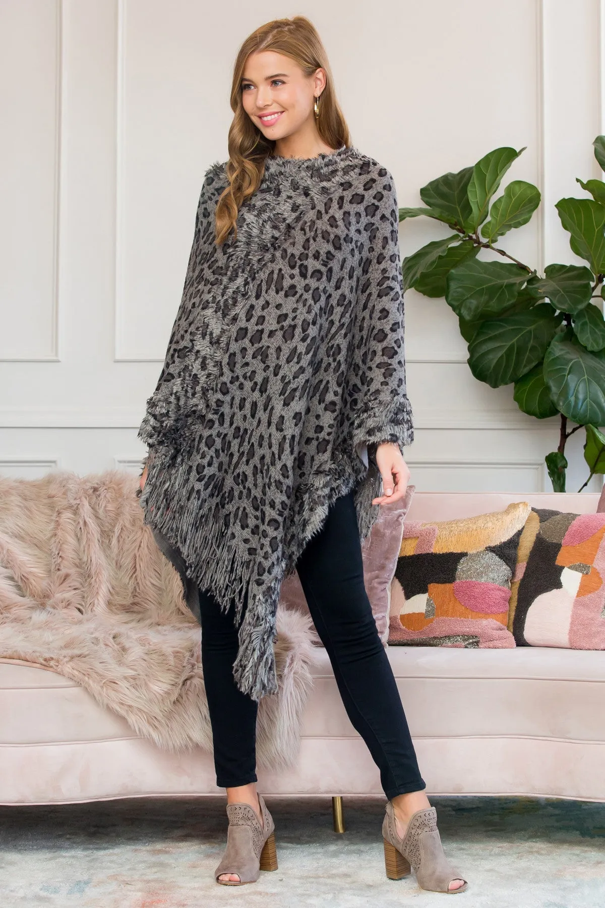 BLACK FRINGED LEOPARD PONCHO /6PCS (NOW $5.75 ONLY!)