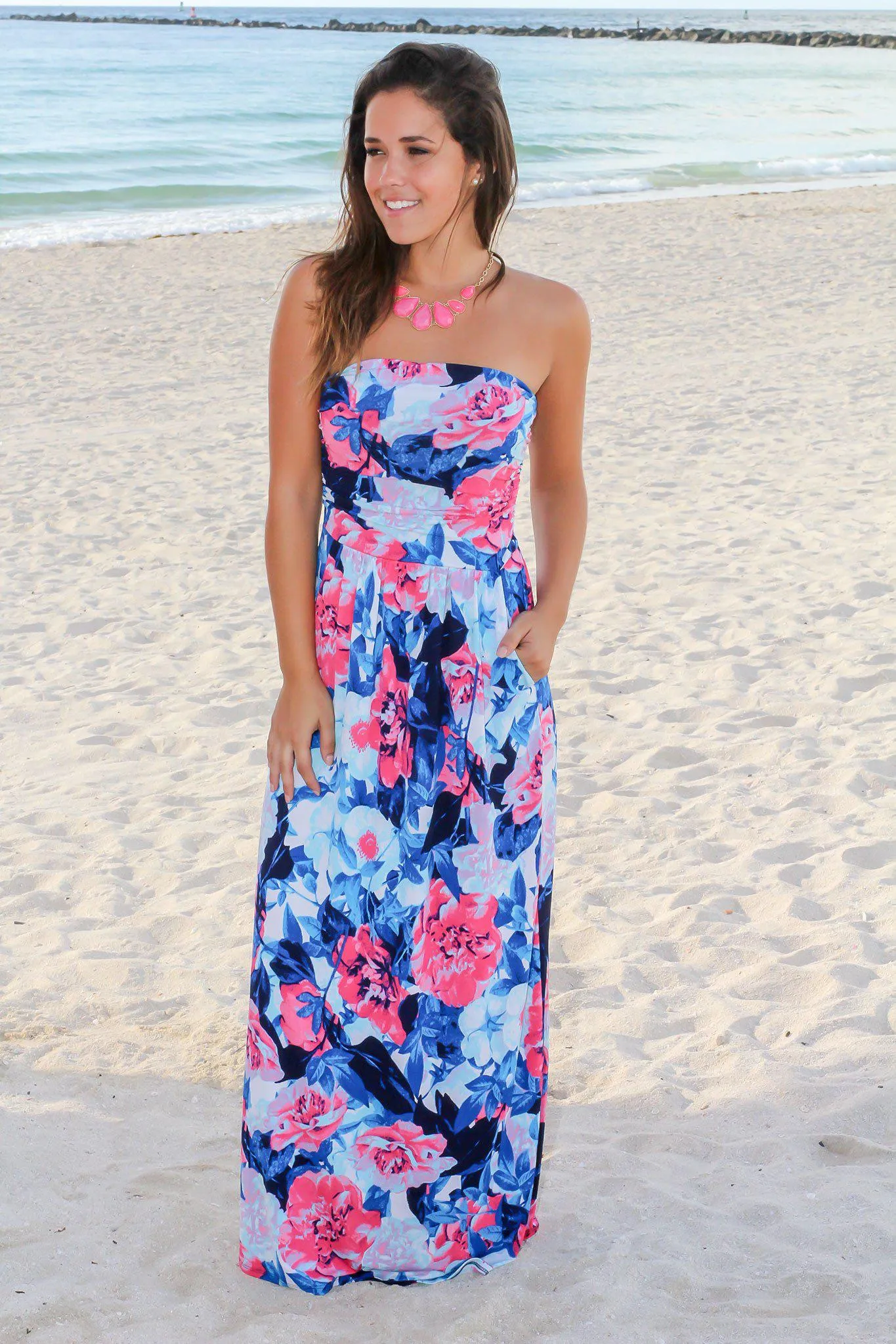 Blue and Hot Pink Floral Strapless Maxi Dress