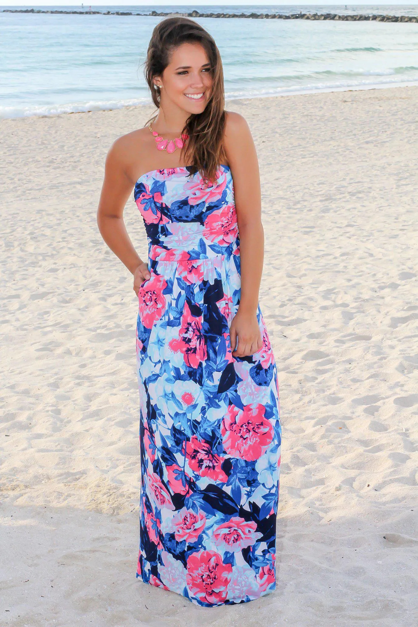 Blue and Hot Pink Floral Strapless Maxi Dress