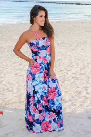 Blue and Hot Pink Floral Strapless Maxi Dress