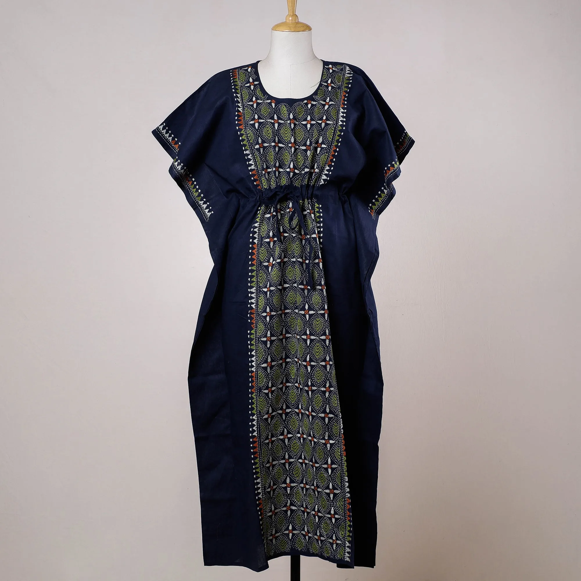 Blue - Bengal Kantha Embroidery Cotton Kaftan with Tie-Up Waist (Long)