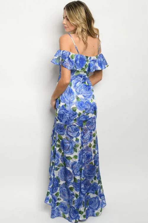 Blue Floral Cold Shoulder Mermaid Cut Maxi Dress Gown