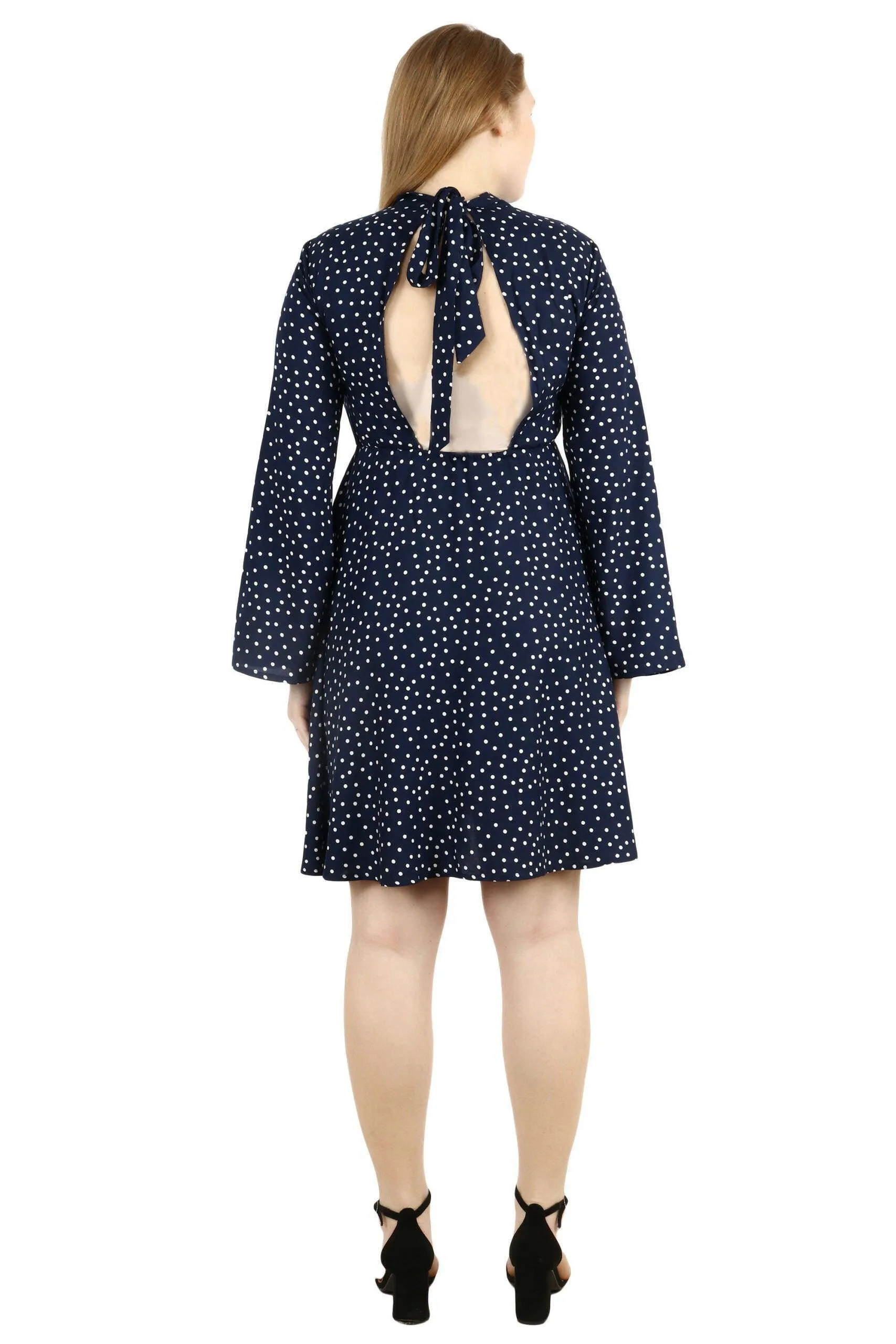 Blue Polka Dots Printed Back Tie Dress