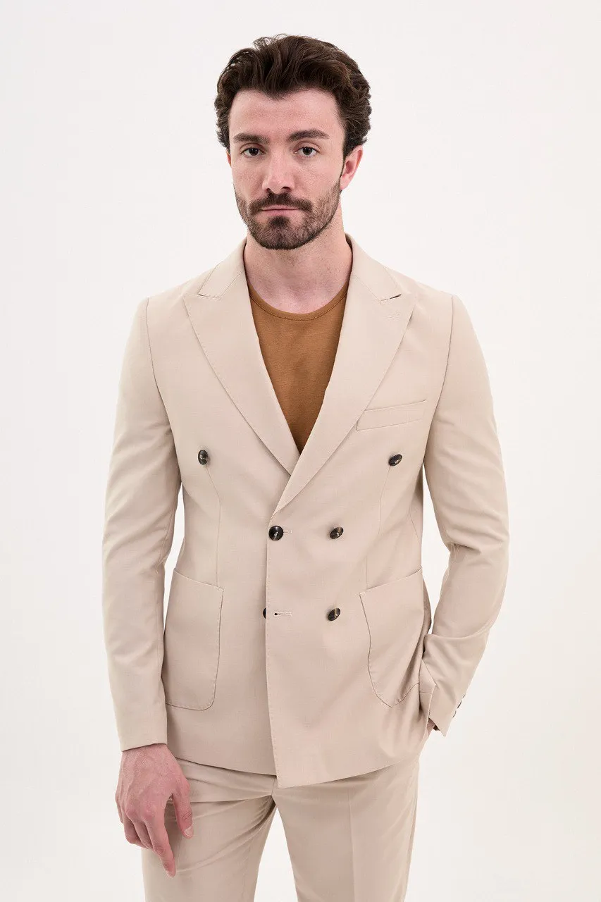 Bojoni Pezza Slim Fit Beige Double Breasted Blazer