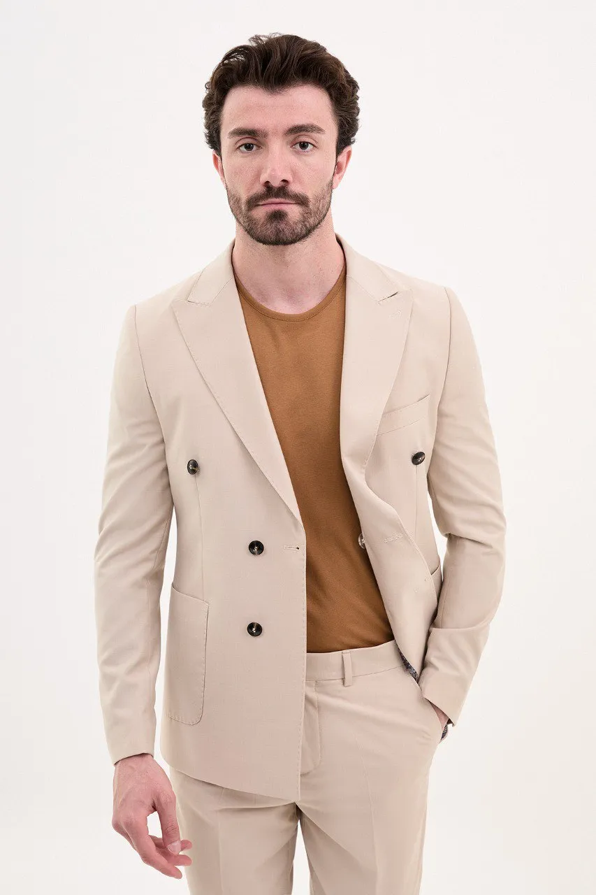 Bojoni Pezza Slim Fit Beige Double Breasted Blazer