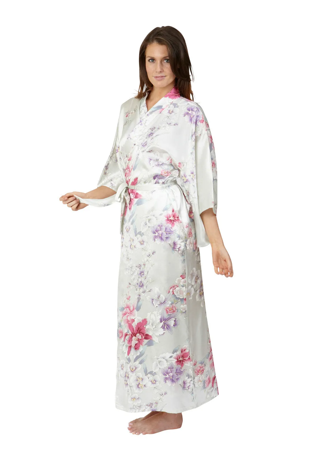 Bridal Kimono Elegant Orchids Long Silk Robe