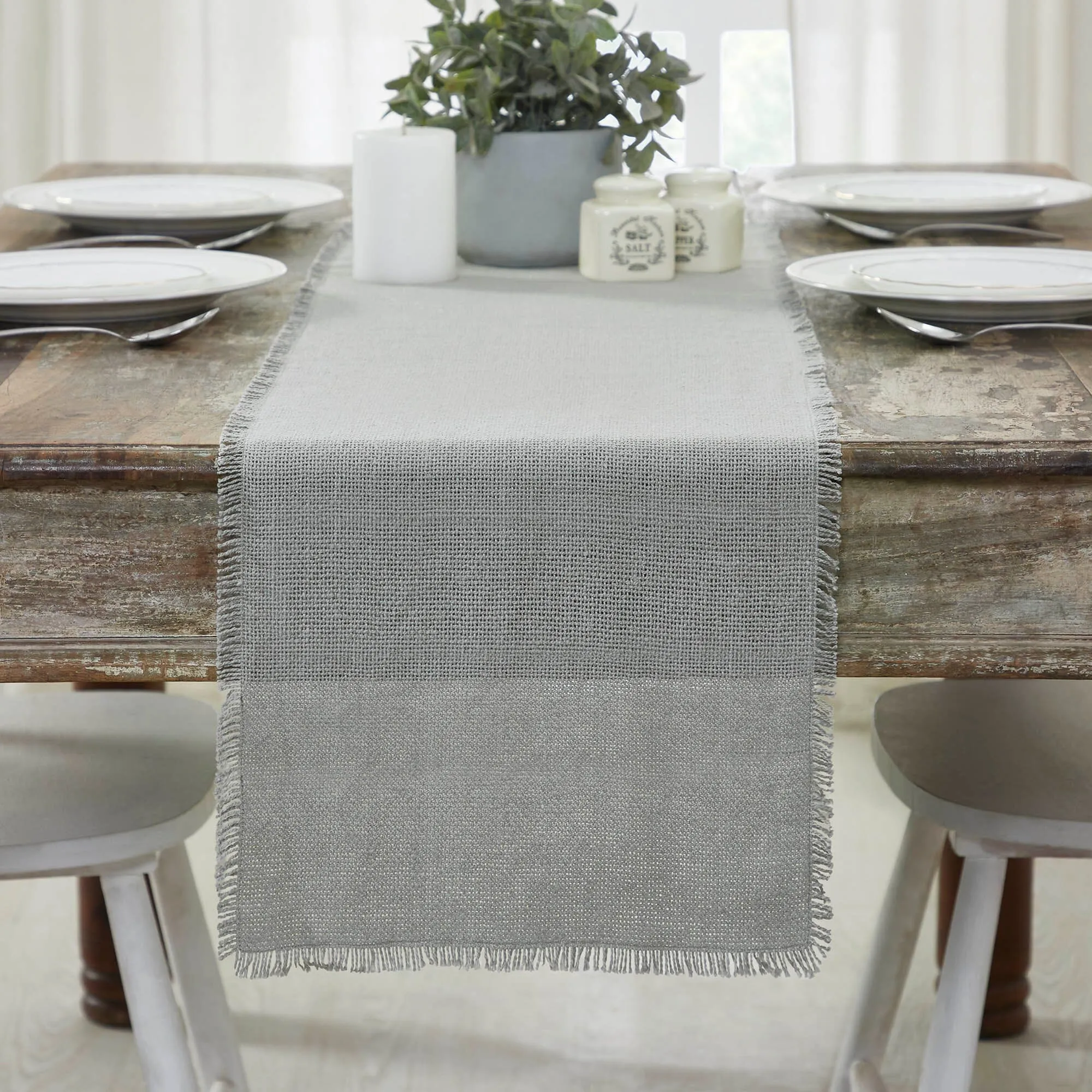 Burlap Dove Grey Fringed Runner 12x72"