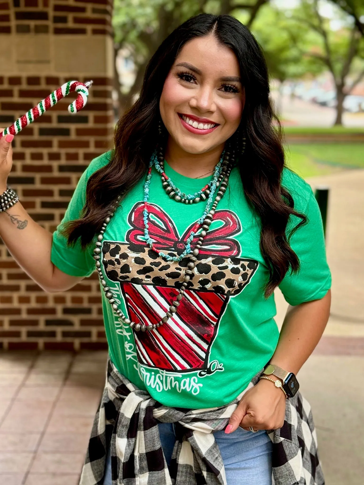 Callie Ann Stelter Candy Cane Present Short Sleeve Green Tee by Texas True Threads