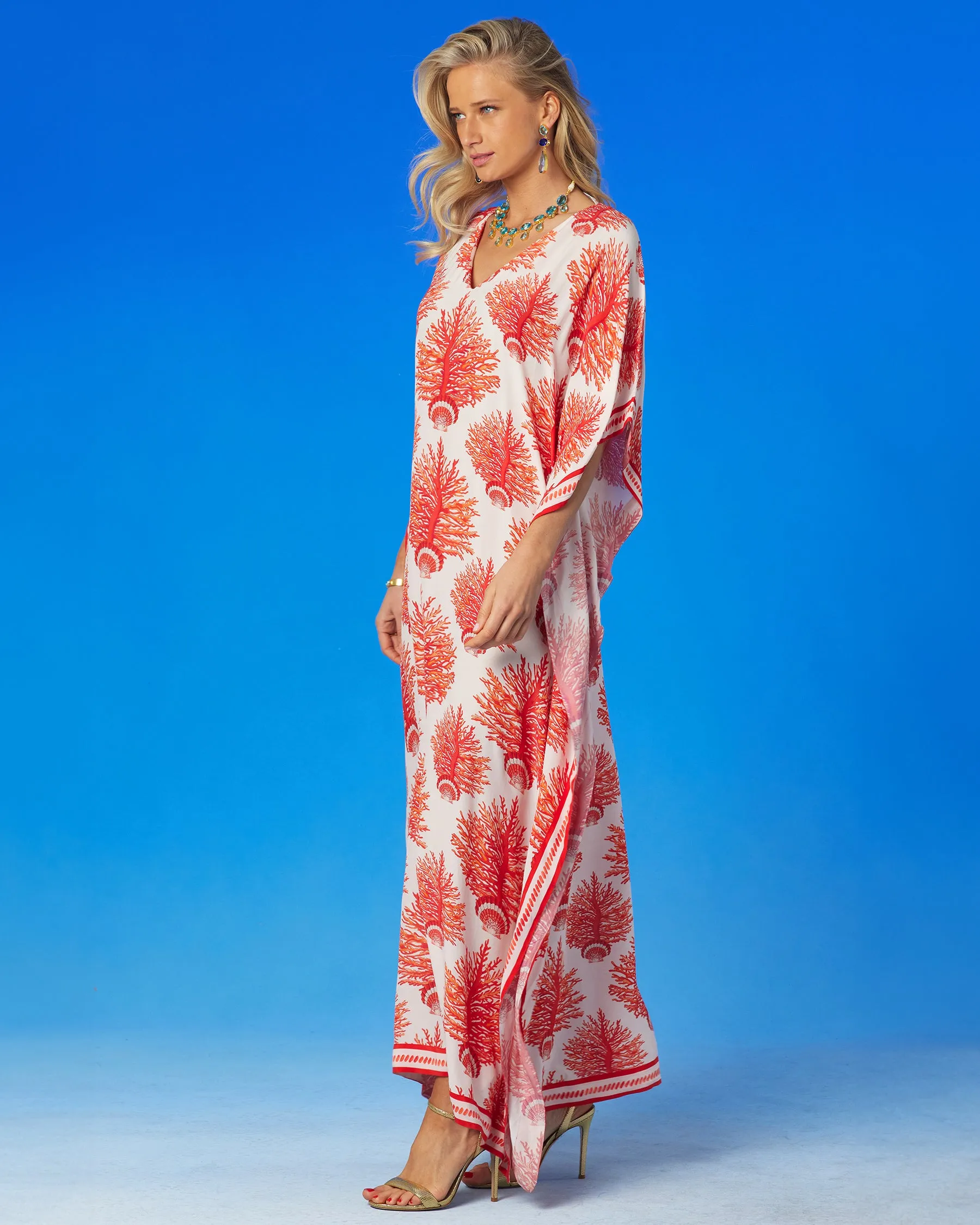 Carolina Kaftan in Red Coral and Seashell Motif