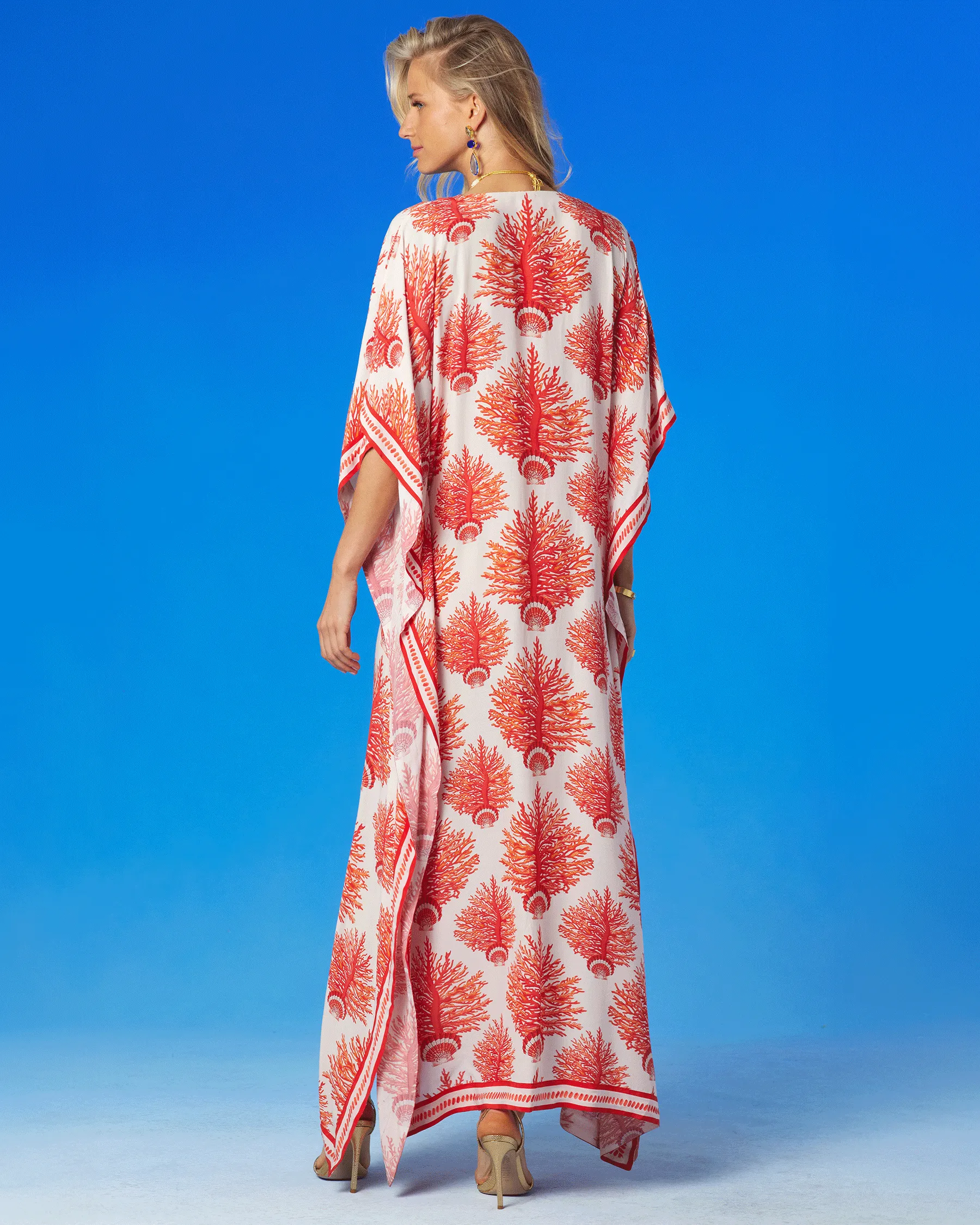 Carolina Kaftan in Red Coral and Seashell Motif