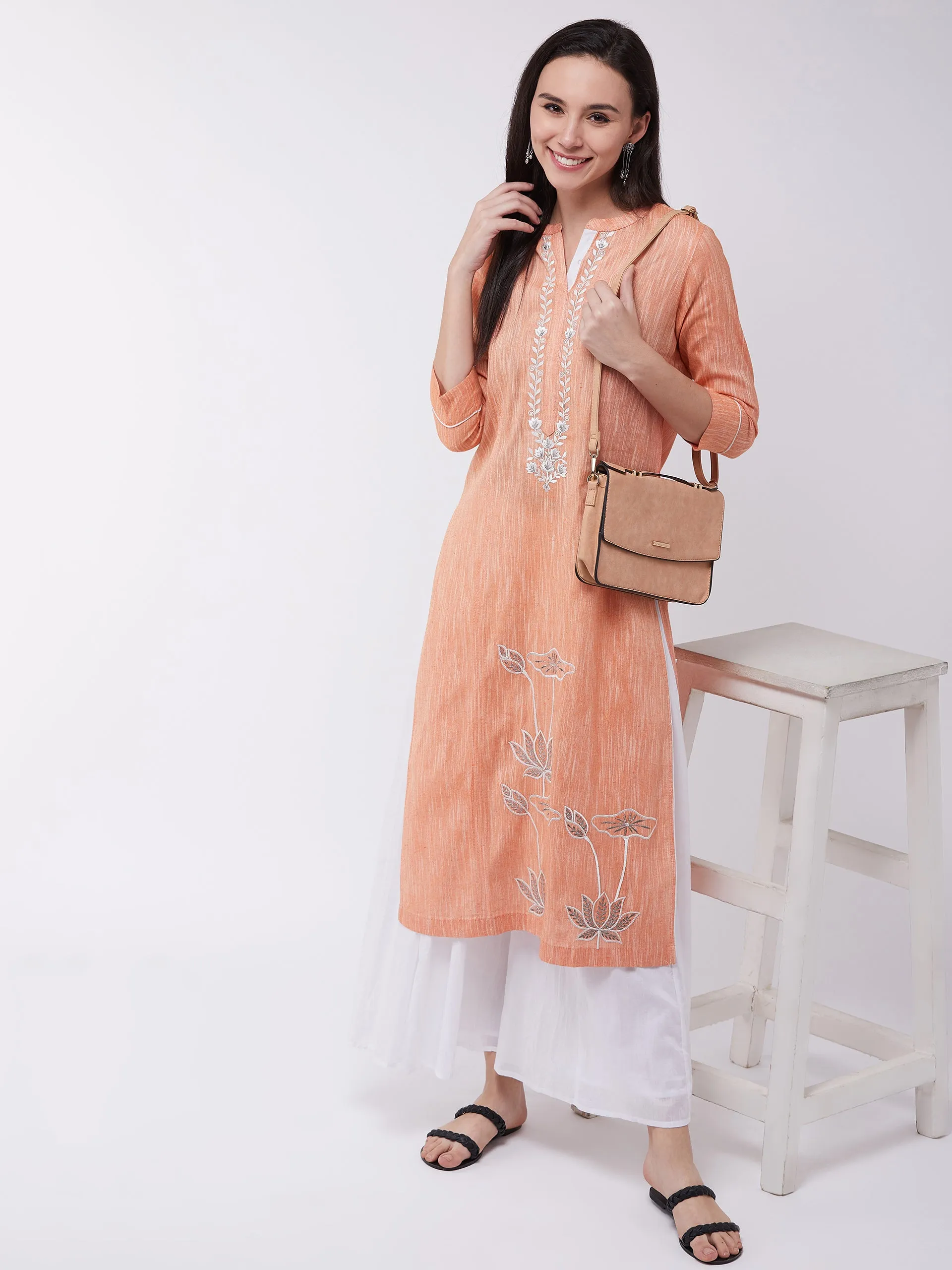 Chambray Floral Embroidered Kurta