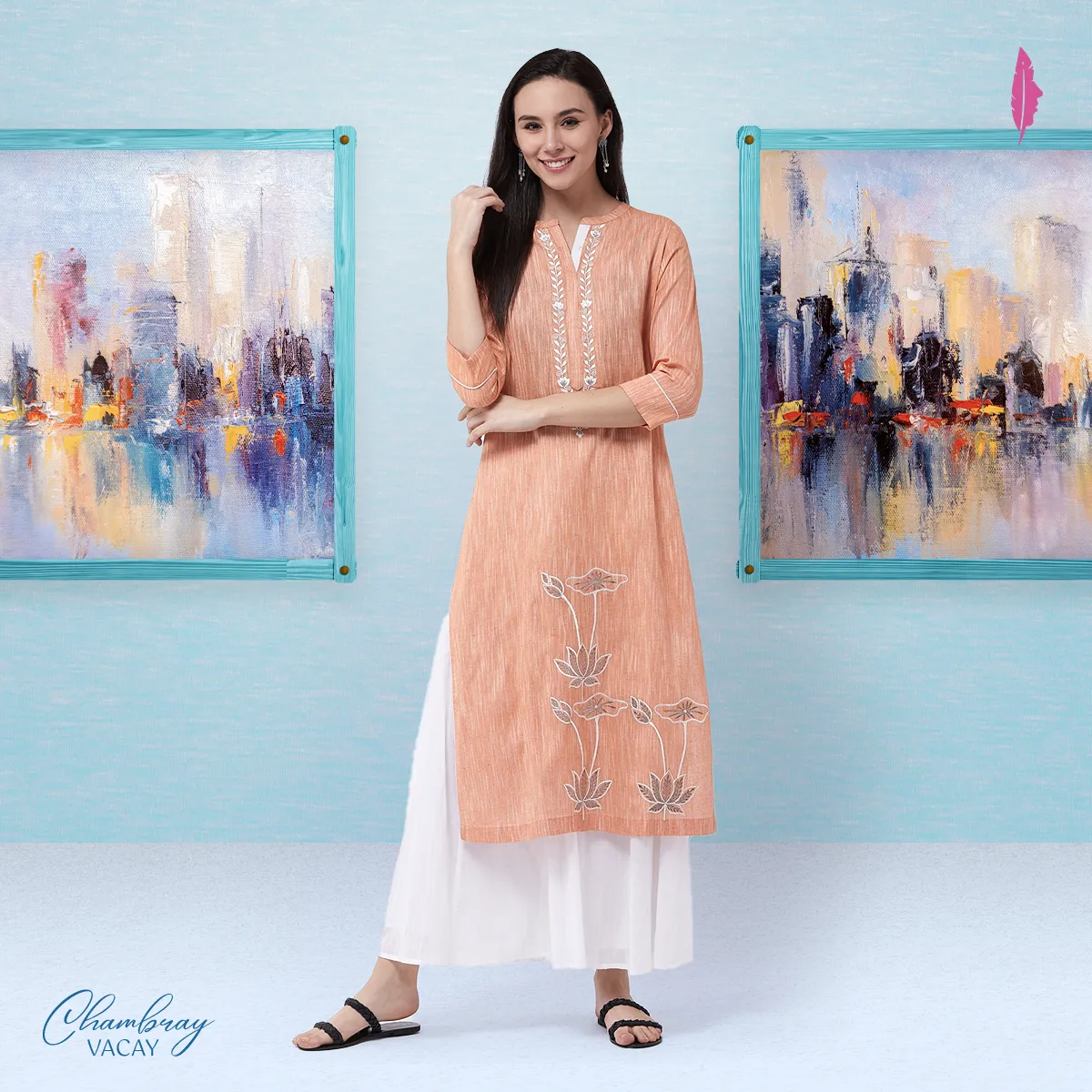 Chambray Floral Embroidered Kurta