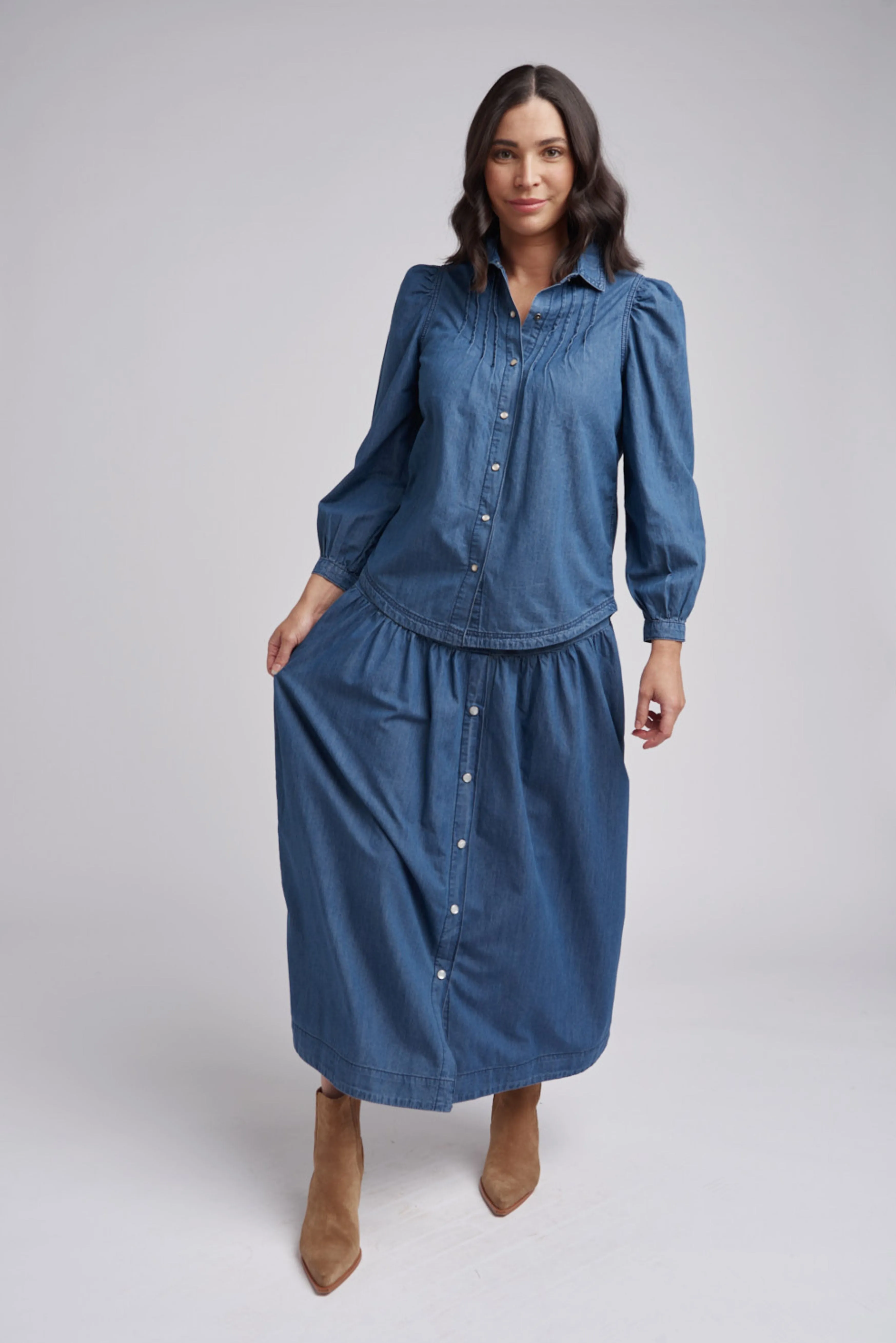 Chambray Pintuck Cotton Shirt