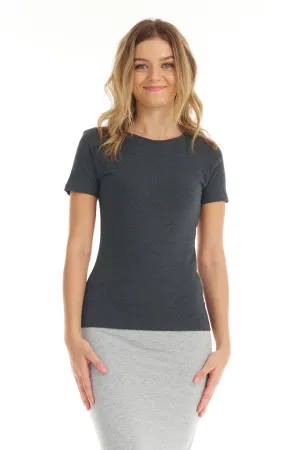 Charcoal Short Sleeve Crewneck T-Shirt Top for Women