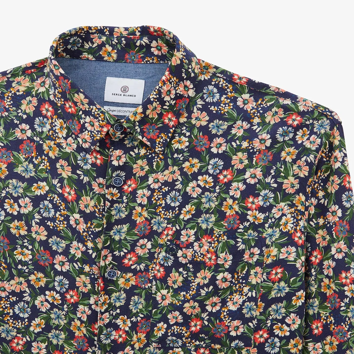 Chemise bleu foncé à imprimé fleuri multicolore à manches longues