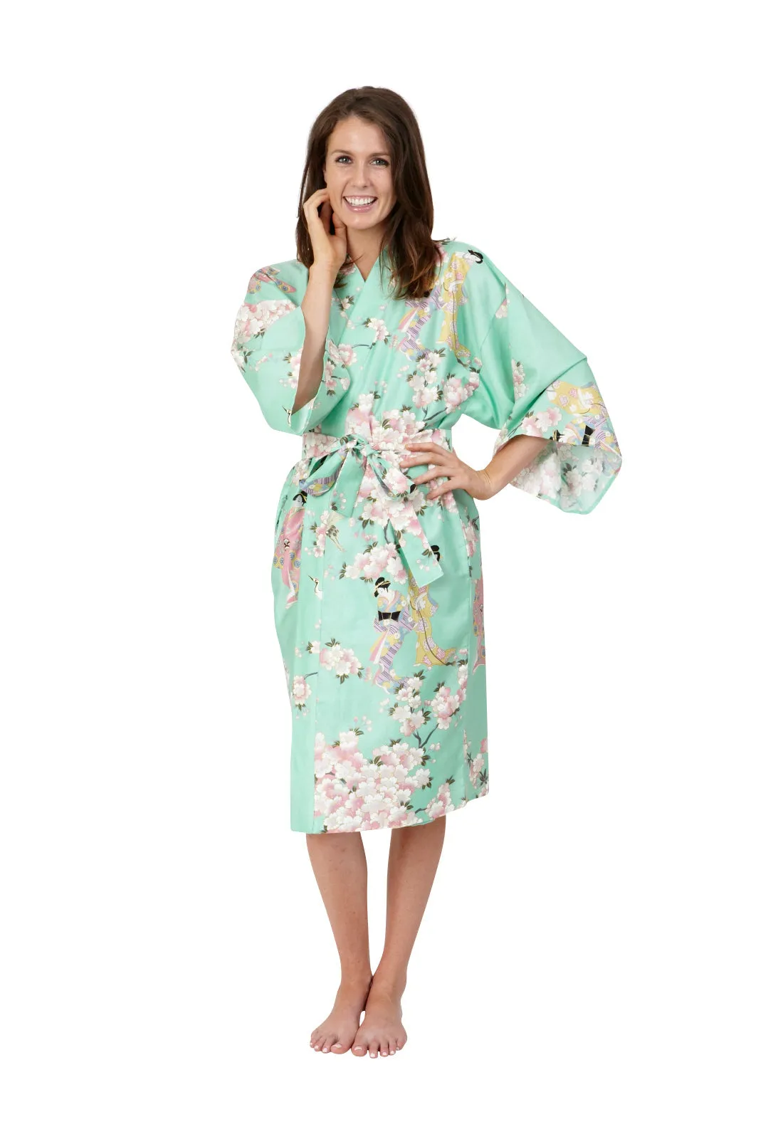 Cherry Blossom & Beauty Short Cotton Kimono Mint - New Larger Size