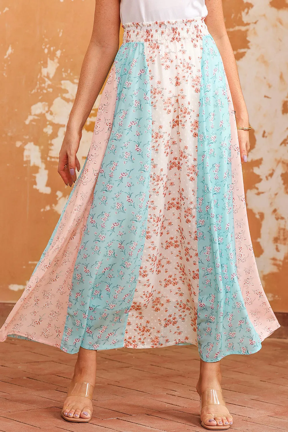 Countryside Floral Color Block Smocked Waist Maxi Skirt