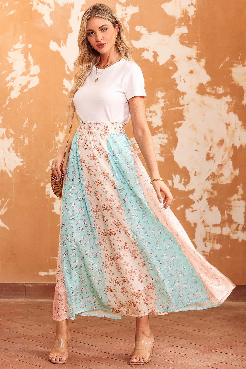 Countryside Floral Color Block Smocked Waist Maxi Skirt